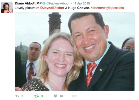 A Diane Abbott tweet of Jayne Fisher with late Venezuelan president Hugo Chavez