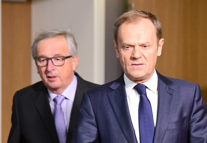 European Council President Donald Tusk (R) and European Commission President Jean-Claude Juncker at the European Council in Brussels. March 21, 2017.