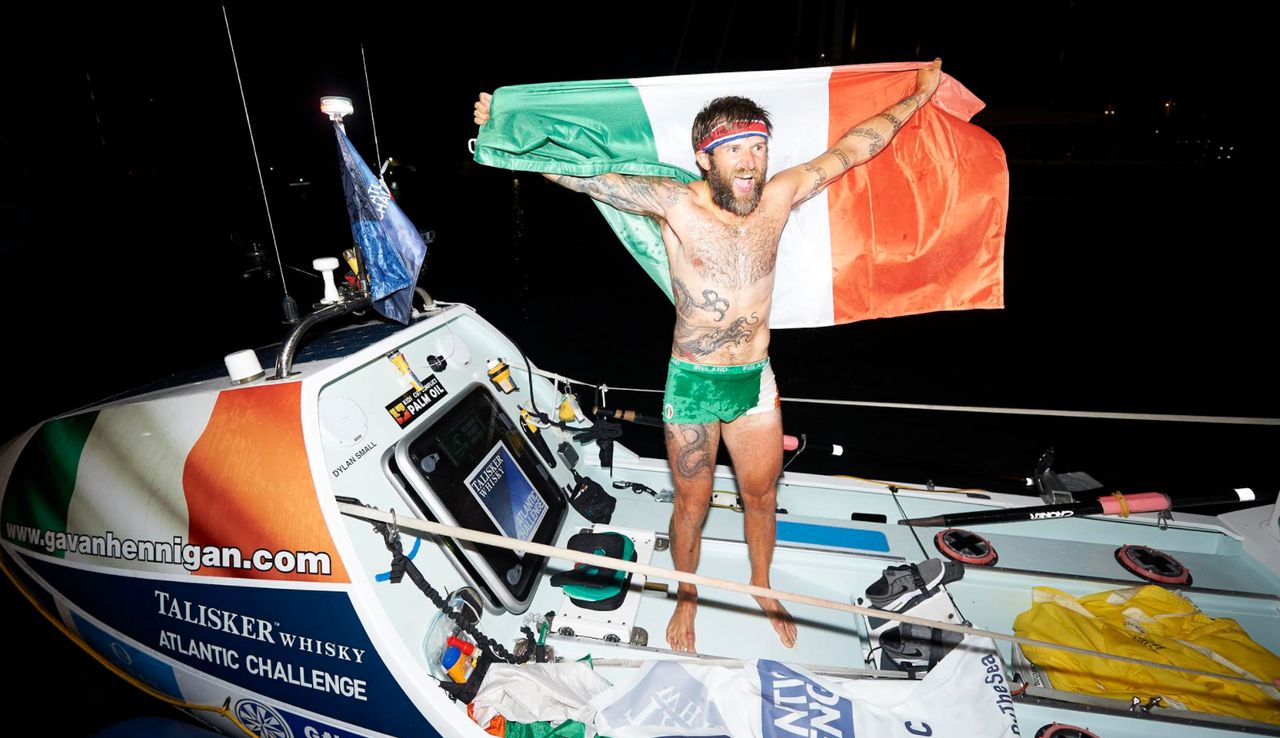 Hennigan at the finish line after completing the 5000km Talisker Whiskey Atlantic Challenge in February 2017
