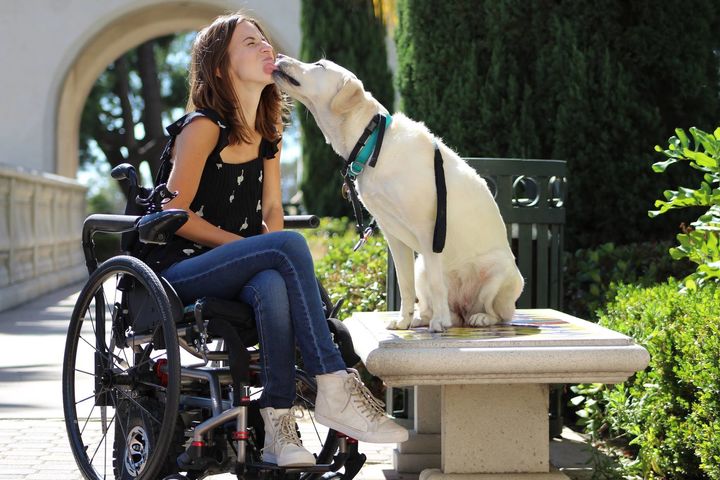Daniela Schirmer receives a kiss from Zandra, her Labrador service dog.