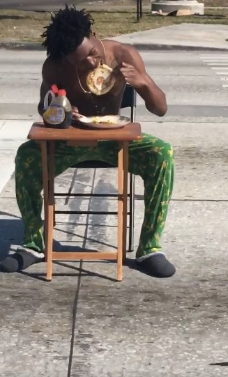 Kiaron Thomas, going to town on a great-looking stack of pancakes.