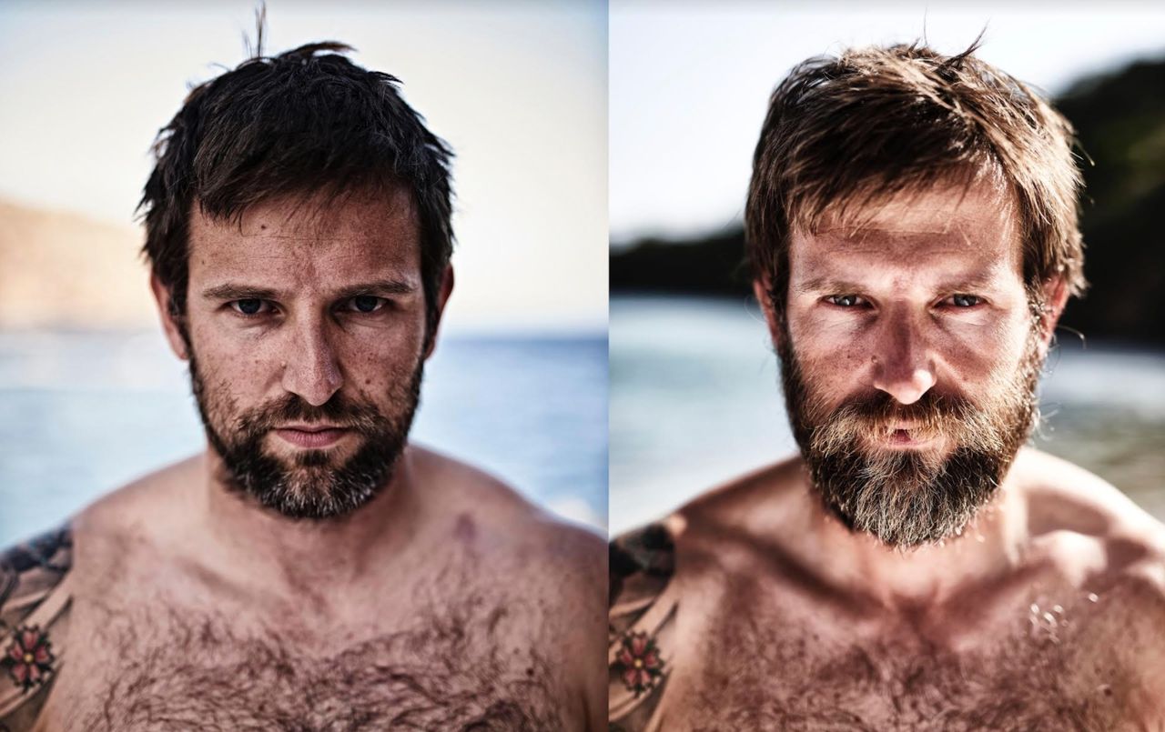 Hennigan, left, before the Atlantic rowing challenge and, right, more rugged and toned afterwards