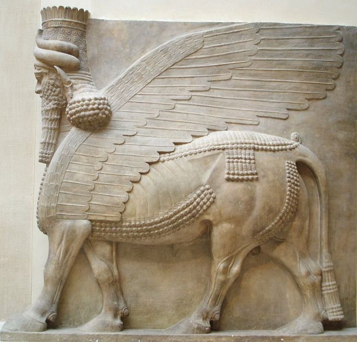 Hybrid Assyrian Shedu from the entrance to the throne room of the palace of Sargon II at Dur-Sharrukin (late 8th century BC), excavated by Paul-Émile Botta, 1843–1844, now at the Department of Oriental antiquities, Richelieu wing of the Louvre. 