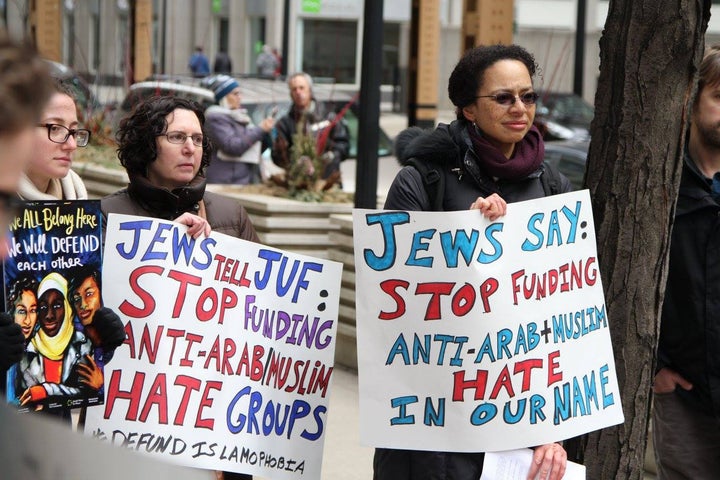 Lesley Williams and other JVP members at #DEFUND ISLAMOPHOBIA press conference