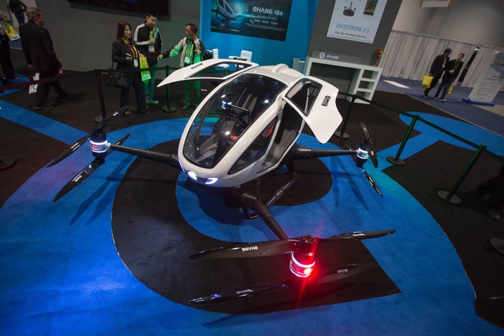 An Ehang 184 autonomous personal helicopter is displayed during the 2017 Consumer Electronic Show (CES) in Las Vegas, Nevada,