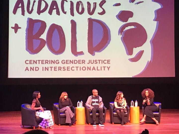 L-R Jodie Patterson, Rosie Perez, Wade Davis, Jessica Gonzalez Rojas, and Janet Mock discuss gender justice and intersectionality at NYU on March 23, 2017.