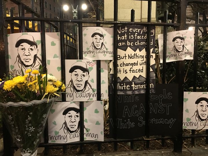 Protesters on Friday night made a makeshift memorial in memory Timothy Caughman -- a black man killed by a white supremacist. 