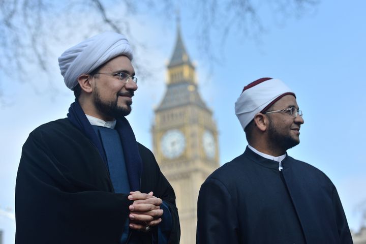 <strong>Sheikh Mohammad al Hilli (left) and Sheikh Ezzat Khalifa after a vigil outside Westminster Abbey.</strong>