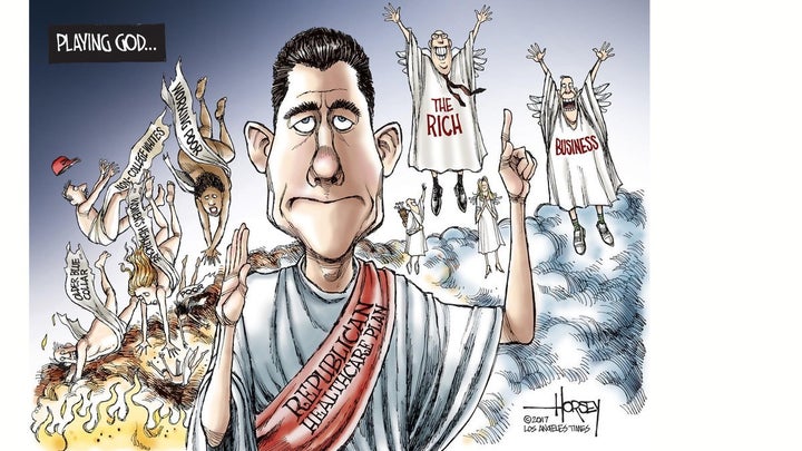 Paul Ryan caricatured as designing a replacement to Obamacare that sacrifices the wellbeing of the middle and working classes to benefit the already rich and corporate elites.