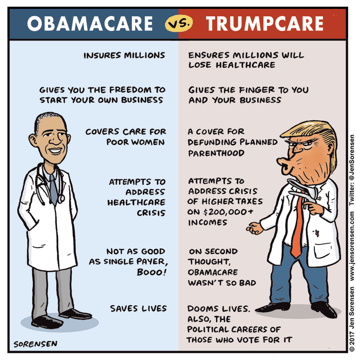 A summary side-by-side comparison of “Obamacare,” the law of the land, versus the now indefinitely forestalled proposed “Trumpcare” that was intended to replace it.