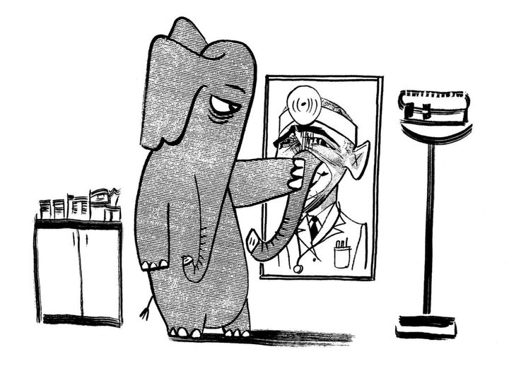 A metonymical GOP elephant exhaustedly punching a picture of President Barack Obama dressed as a doctor.