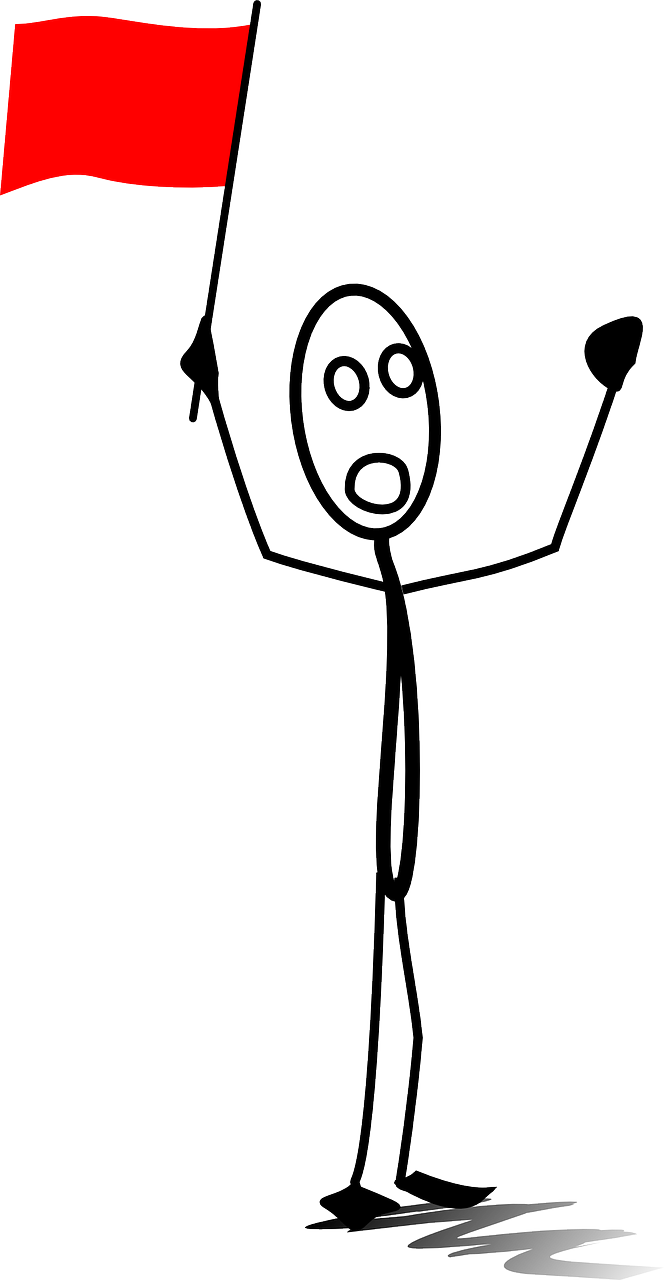 A perplexed stick-figure waving a red flag. Notice that there is not much to its form besides its confounded outrage and idea