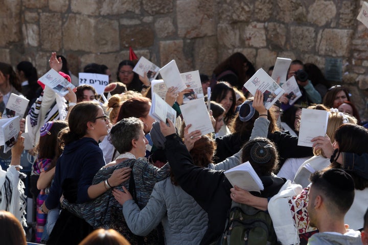 Members of the Women of the Wall take part in prayers on February 27, 2017, during a prayer service at the Western Wall