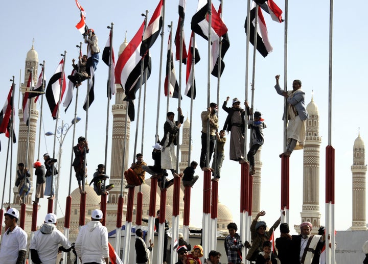 Houthis and supporters of ousted leader Ali Abdullah Saleh gather to protest the Saudi-led operations.