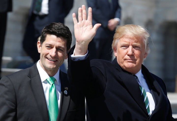 President Donald Trump waves with Speaker of the House Paul Ryan (R-Wis.) earlier this month. The health care bill they proposed to repeal and replace the Affordable Care Act died this week. 