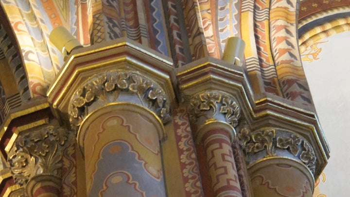 Magyar folk art themes on Gothic pillars inside Budapest’s quirky Matthias Church.