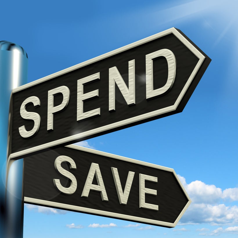 Spend or save. Signpost. Spend on or for.