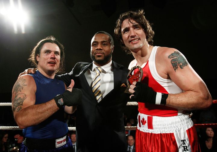 Trudeau (R) and conservative Senator Patrick Brazeau (L) pose after Trudeau defeated Brazeau during their charity boxing match in Ottawa March 31, 2012.
