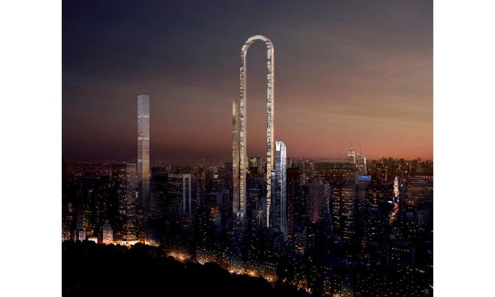 An architectural rendering of The Big Bend shows how the building would look against a New York City sunset.