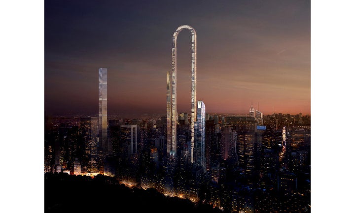 An architectural rendering of The Big Bend shows how the building would look against a New York City sunset.