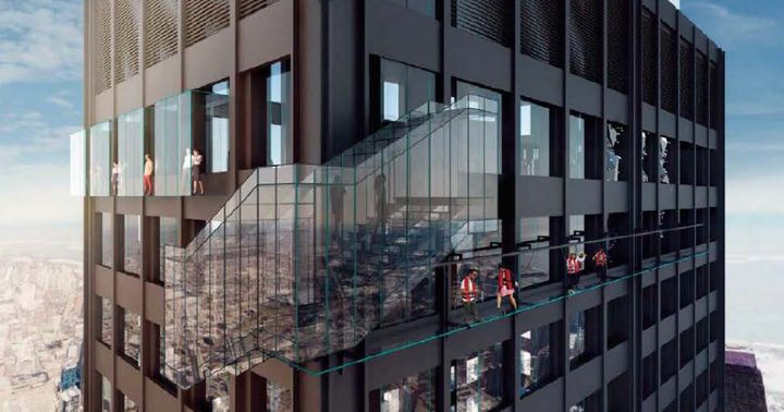 A rendering of Ledgewalk shows visitors walking on the edge of Willis Tower. 
