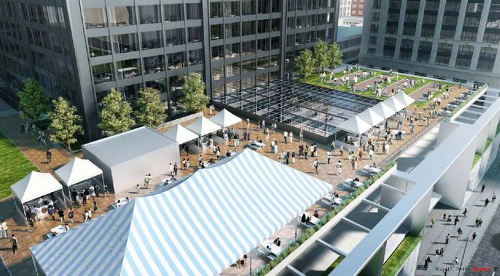 A rendering shows an outdoor market in the tower's outdoor event space.
