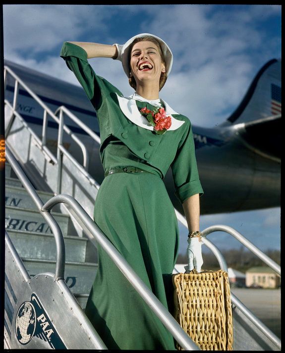 A model poses walking off the Pan American Clipper