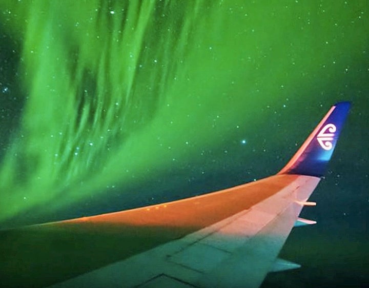 This image is from a video sequence during a March 23 Air New Zealand charter flight that flew 134 passengers round trip from New Zealand to the Antarctic Circle amid the southern lights, aka the aurora australis.