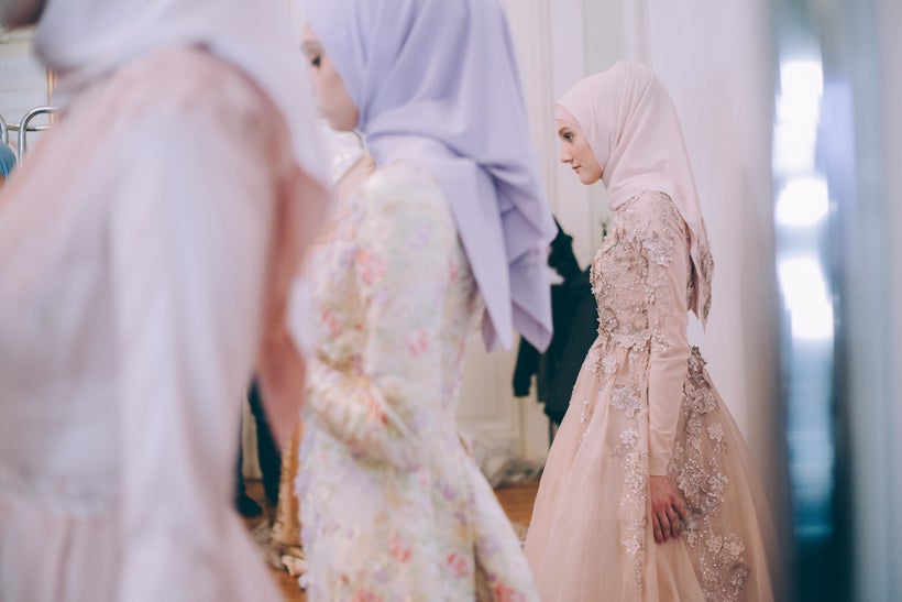Models backstage during Firdaws runway show led by Aishat Kadyrova at Mercedes-Benz Fashion Week Russia