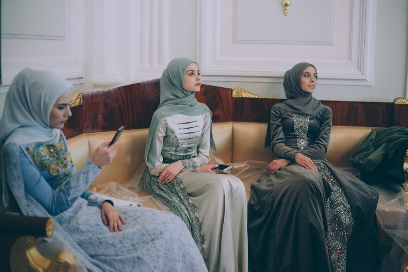 Models backstage during Firdaws runway show led by Aishat Kadyrova at Mercedes-Benz Fashion Week Russia
