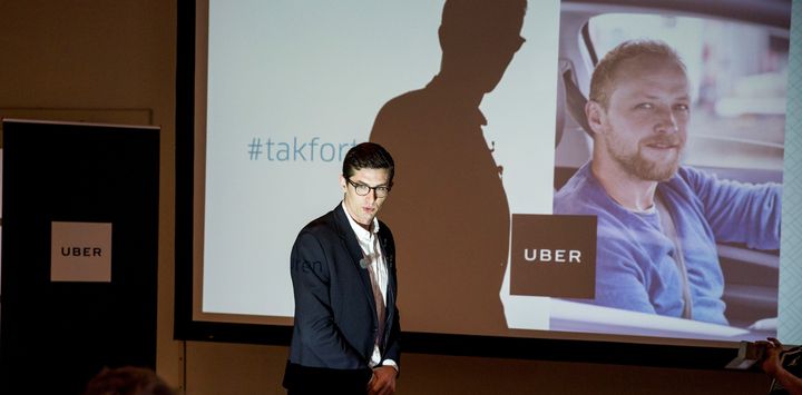 Uber Denmark's spokesperson Kristian Agerbo appears at a news conference to announce Uber's end of service in Denmark in Copengagen on March 28, 2017.