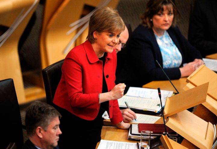 Scottish First Minister Nicola Sturgeon debates in Scottish Parliament in Edinburgh on March 28, 2017.