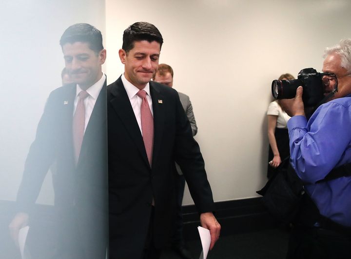 House Speaker Paul Ryan (R-Wis.) at a media briefing after attending a closed House Republican conference on March 28 in Washington, D.C.