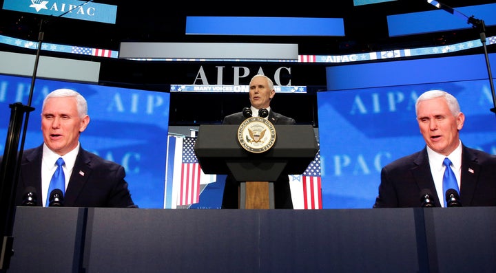 U.S. Vice President Mike Pence speaks at the American Israel Public Affairs Committee (AIPAC) policy conference in Washington, U.S., March 26, 2017.