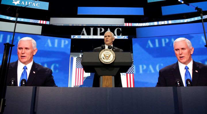 U.S. Vice President Mike Pence speaks at the American Israel Public Affairs Committee (AIPAC) policy conference in Washington, U.S., March 26, 2017.