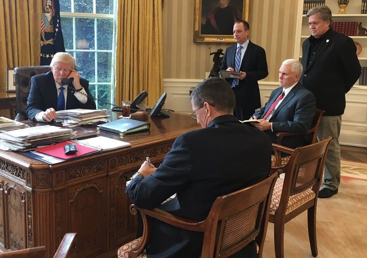 <p>President Donald J. Trump pictured January 28, 2017 in the Oval Office as he makes a series of telephone calls to foreign government leaders, including German Chancellor Angela Merkel and Russian President Vladimir Putin, via <a href="https://twitter.com/presssec/status/825389810869219328?lang=en" target="_blank" role="link" rel="nofollow" class=" js-entry-link cet-external-link" data-vars-item-name="White House Press Secretary Sean Spicer&#x2019;s Twitter feed" data-vars-item-type="text" data-vars-unit-name="58da9290e4b0e44a2708f3fb" data-vars-unit-type="buzz_body" data-vars-target-content-id="https://twitter.com/presssec/status/825389810869219328?lang=en" data-vars-target-content-type="url" data-vars-type="web_external_link" data-vars-subunit-name="article_body" data-vars-subunit-type="component" data-vars-position-in-subunit="0">White House Press Secretary Sean Spicer’s Twitter feed</a>.</p>