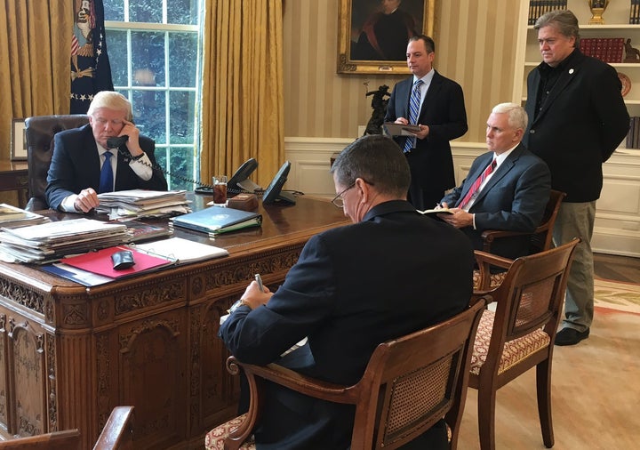 President Donald J. Trump pictured January 28, 2017 in the Oval Office as he makes a series of telephone calls to foreign government leaders, including German Chancellor Angela Merkel and Russian President Vladimir Putin, via White House Press Secretary Sean Spicer’s Twitter feed.