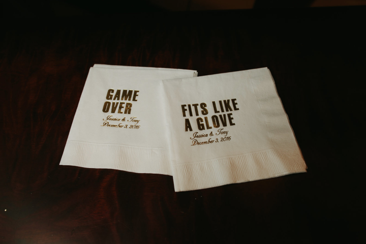 The couple's baseball-themed cocktail napkins.