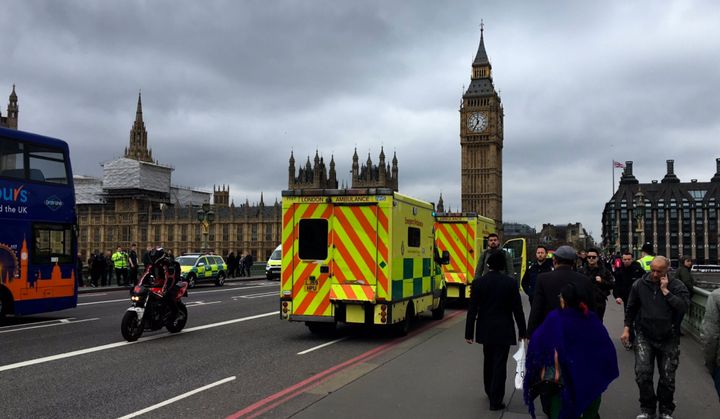 Emergency services on Westminster Bridge following reports that a man had fallen in the water.