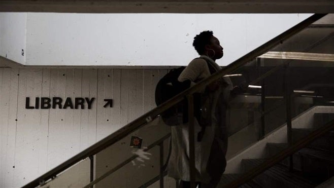 A stairwell at Georgia State University in Atlanta. Georgia is proving that the merger of two- and four-year colleges can help students succeed, and other states are taking notice.