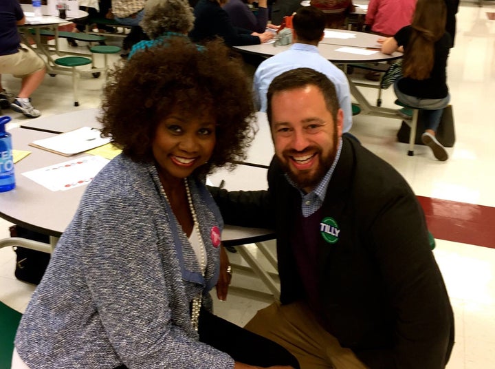 Tilly Blanding, candidate for delegate in Virginia's 42nd district, appears alongside David Broder, president of the local&nb