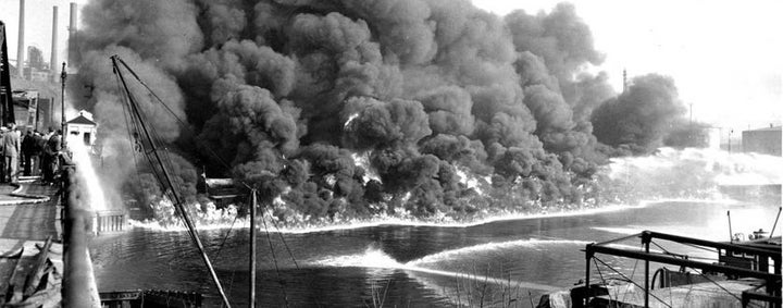 The Cuyahoga River in Cleveland burst into flames in 1953 and 1969 because it was coated with oil, sewage, and industria
