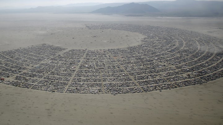 An aerial view of Burning Man 2015 "Carnival of Mirrors" arts and music festival in the Black Rock Desert of Nevada, Septembe