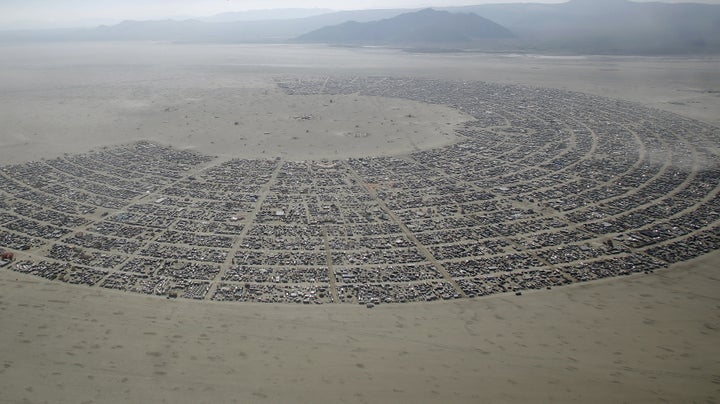 An aerial view of Burning Man 2015 "Carnival of Mirrors" arts and music festival in the Black Rock Desert of Nevada, September 2, 2015.