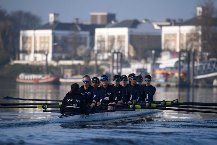 The Oxford University women's boat crew train on the River Thames ahead of this year's competition