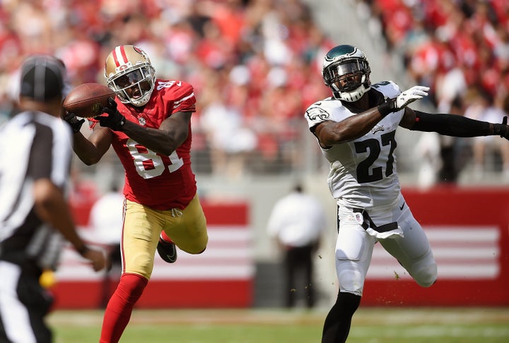 Wide receiver Anquan Boldin (left) and defensive back Malcolm Jenkins visited Congress on Thursday to draw attention to police brutality issues. 