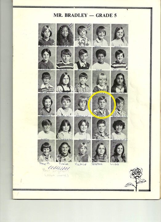 Rob (circled) in his Grade 5 Yearbook. This is one of very few photos that Rob has from his childhood.