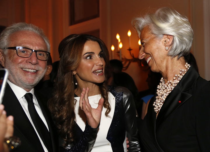 CNN anchor Wolf Blitzer, Jordan's Queen Rania Al-Abdullah, and IMF managing director Christine Lagarde at the Bloomberg-Vanity Fair after-party last year, one of several glitzy events that won't happen this year.