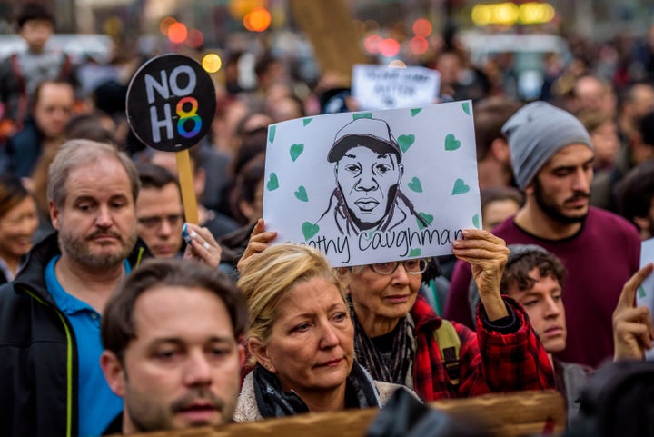 New Yorkers gathered in Union Square to honor Caughman and other victims of hate crimes and domestic terrorism on March 24, 2017.