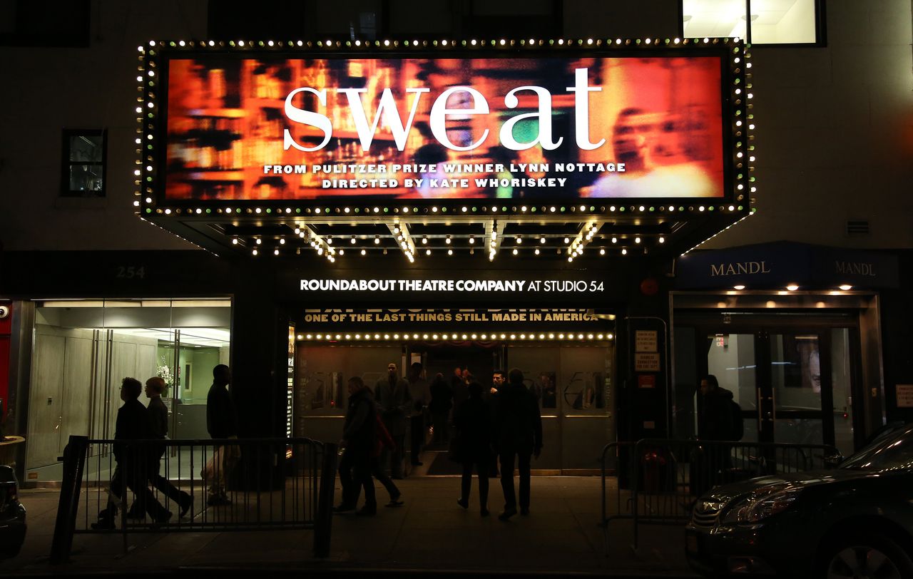Theatre marquee unveiling for Lynn Nottage's play "Sweat" on Broadway at Studio 54.